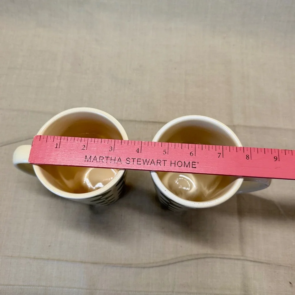 Pier 1 Wavy Mod Ironstone Coffee Mugs Green Brown Cream Set of 2 Retro Style Y2K